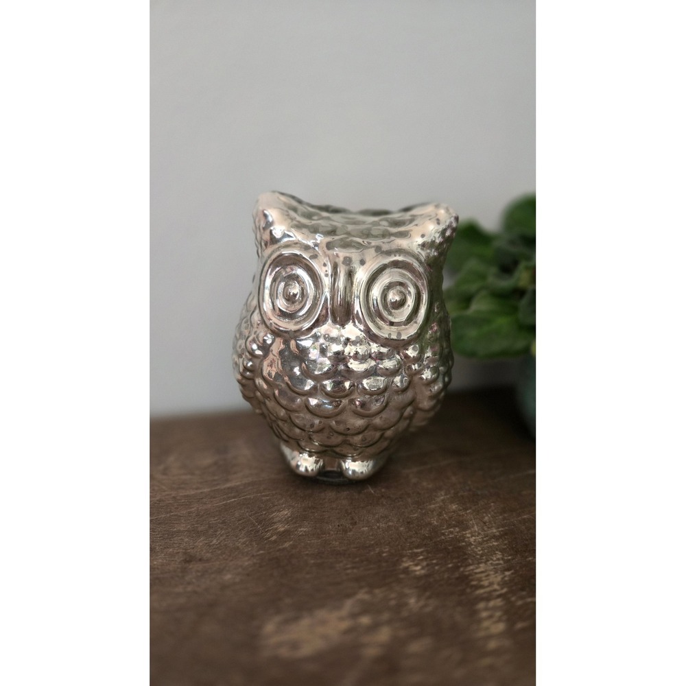 Vintage Silver Mercury Glass Owl Figurine Textured Metallic Bird Decor 6in